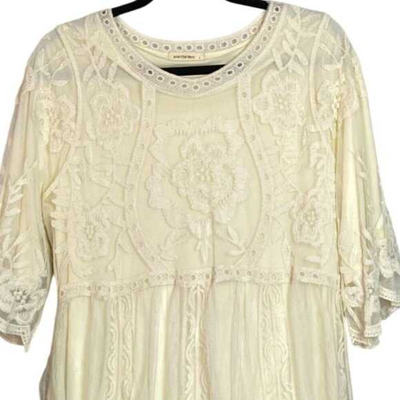 Floral Embroidered Sheer Boho Tunic Top Cream Lace AndTheWhy Size L - Picture 2 of 9